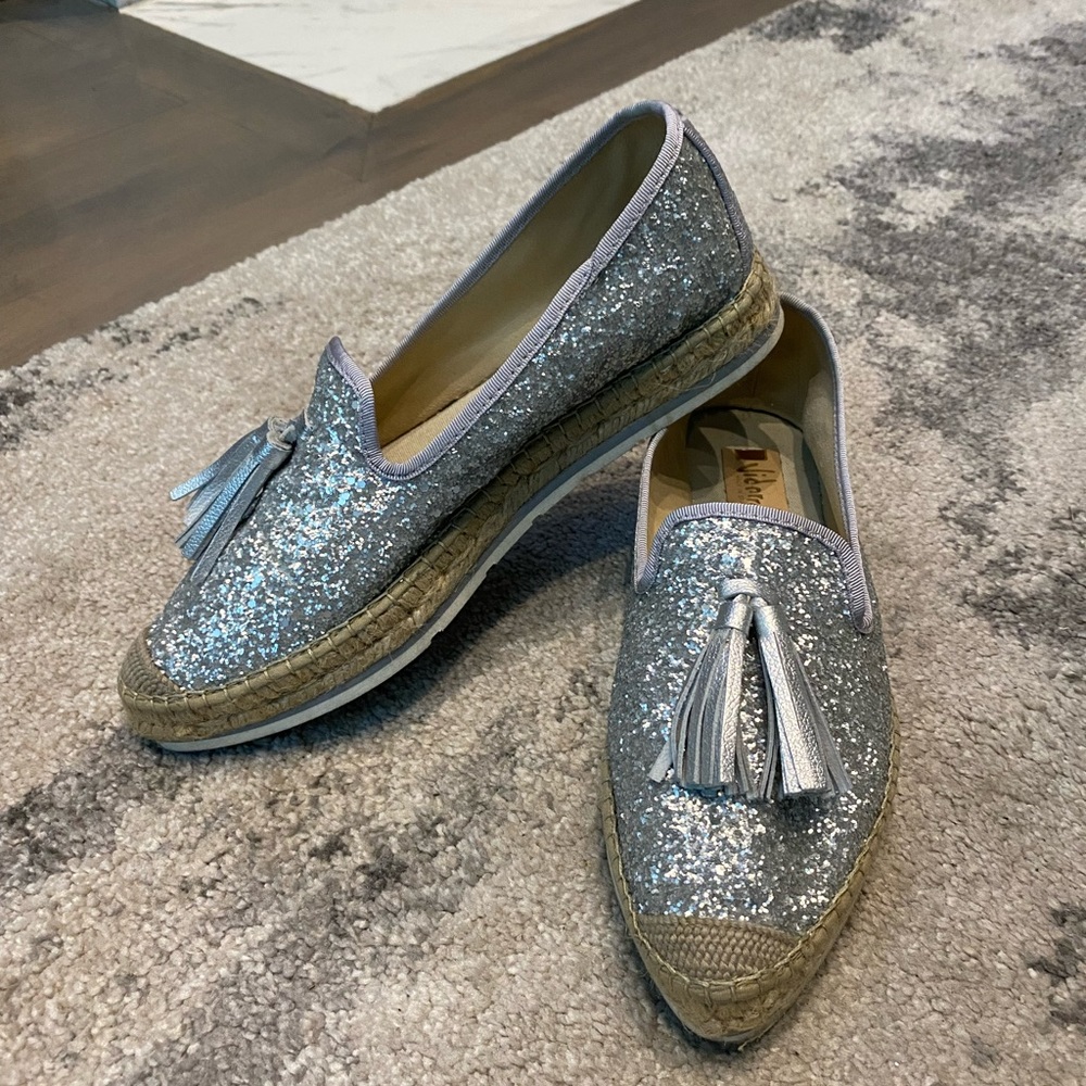 Silver sequin pointed toe espadrilles with silver leather tassels